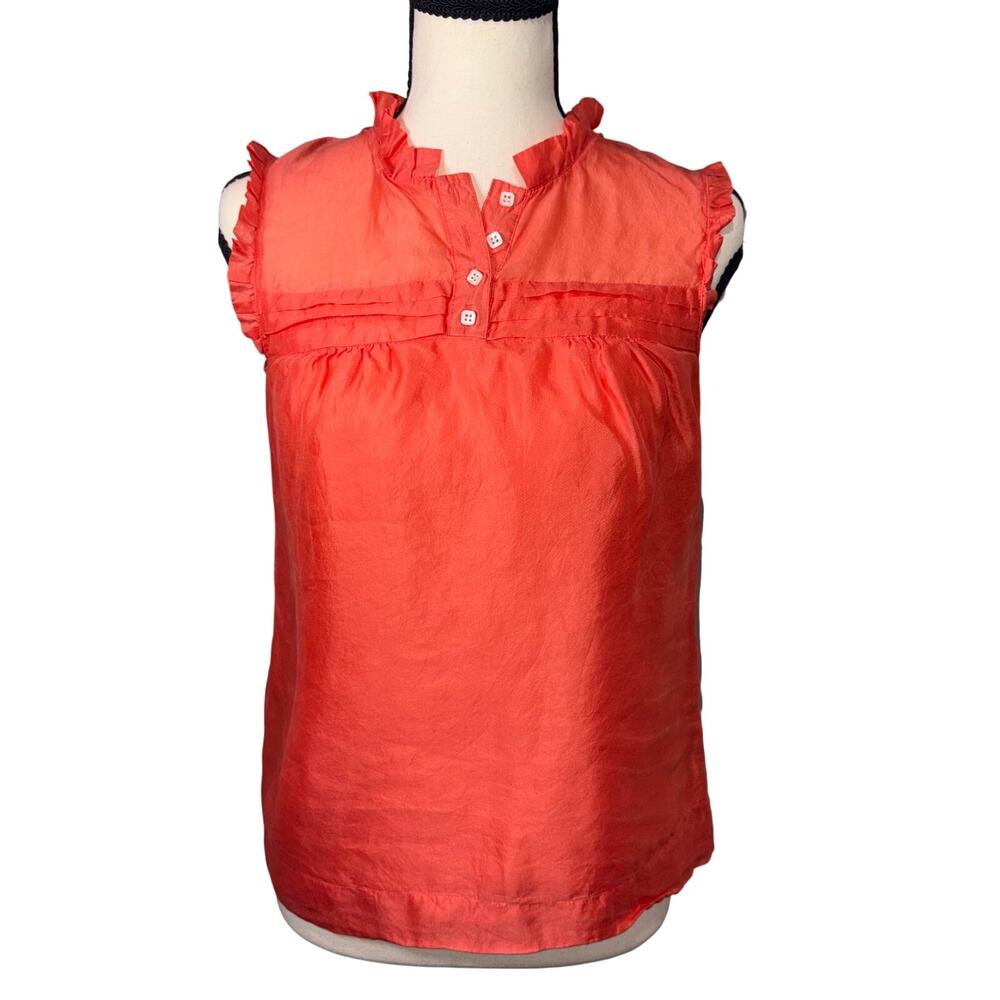 J. Crew "Naomi" Sleeveless Silk Blouse Ruffle Neck & Pintuck Pleats Coral 0